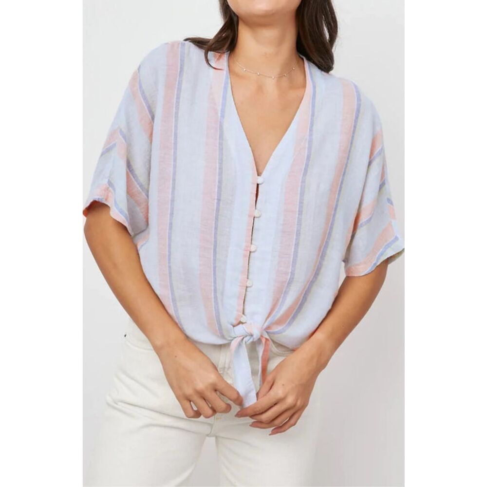 Rails Thea Biarritz Multi Stripe Top Button Down Linen Blend Size S